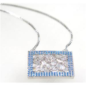copper rectangle necklace pave zircon, platinum plated, approx 16x21mm, 44cm length