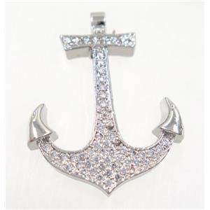 copper anchor pendant paved zircon, platinum plated, approx 22x30mm