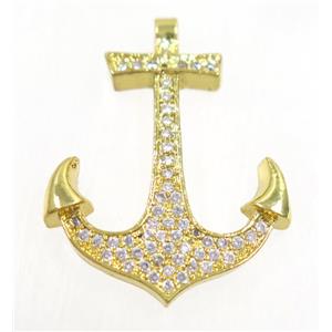 copper anchor pendant paved zircon, gold plated, approx 22x30mm