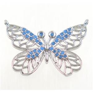 copper butterfly pendant paved zircon with 2loops, platinum plated, approx 17-24mm