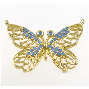 copper butterfly pendant paved zircon with 2loops, gold palted, approx 17-24mm