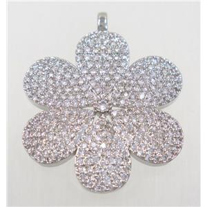 copper flower pendant paved zircon, platinum plated, approx 29mm dia
