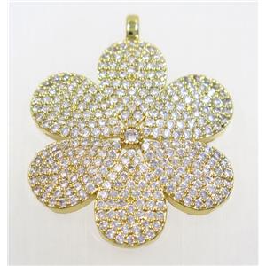 copper flower pendant paved zircon, gold plated, approx 29mm dia