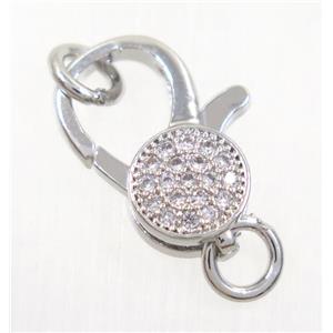 copper Lobster Clasp pave zircon, platinum plated, approx 7-14mm
