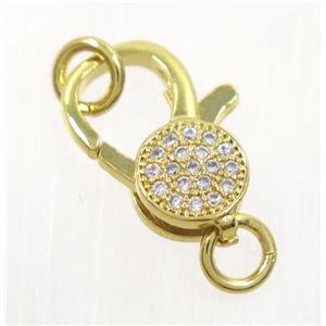 copper Lobster Clasp pave zircon, gold plated, approx 7-14mm