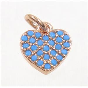 copper Heart pendant paved zircon, rose gold, turq, approx 9mm