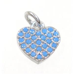 copper Heart pendant paved zircon, platinum plated, turq, approx 9mm