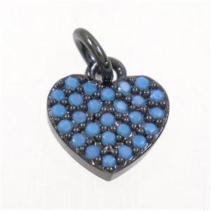 copper Heart pendant paved zircon, black plated, turq, approx 9mm