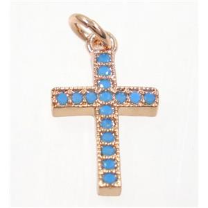 copper cross pendant paved zircon, rose gold, turq, approx 10x14mm