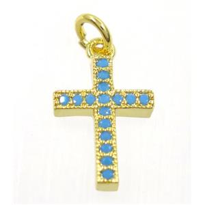 copper cross pendant paved zircon, gold plated, turq, approx 10x14mm