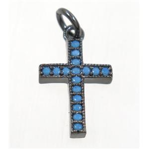 copper cross pendant paved zircon, black plated, turq, approx 10x14mm