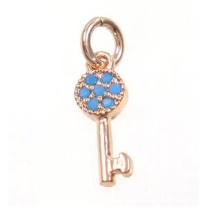 copper Key pendant paved zircon, rose gold, turq, approx 5-11mm