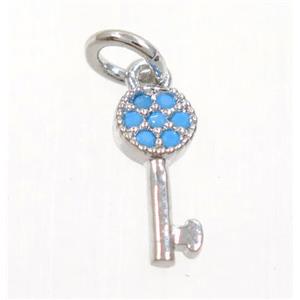 copper Key pendant paved zircon, platinum plated, turq, approx 5-11mm