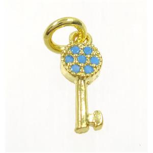 copper Key pendant paved zircon, gold plated, turq, approx 5-11mm