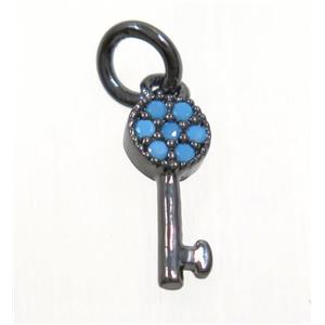 copper Key pendant paved zircon, black plated, turq, approx 5-11mm