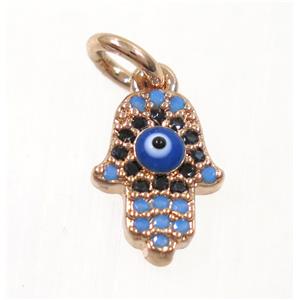 copper Hamsahand pendant paved zircon with evil eye, rose gold, approx 8-10mm