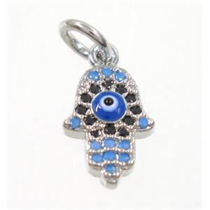 copper Hamsahand pendant paved zircon with evil eye, platinum plated, approx 8-10mm