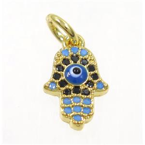 copper Hamsahand pendant paved zircon with evil eye, gold plated, approx 8-10mm