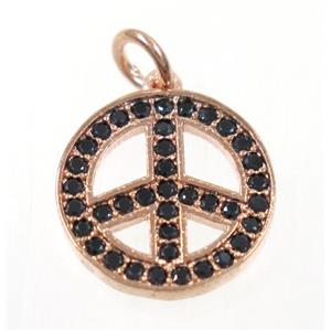 copper Peace Sign pendant paved zircon, rose gold, approx 14mm dia