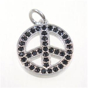 copper Peace Sign pendant paved zircon, platinum plated, approx 14mm dia