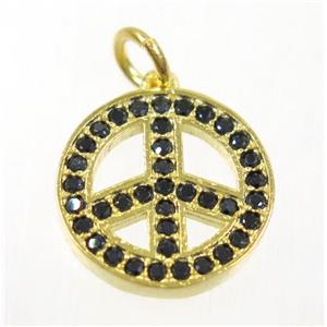 copper Peace Sign pendant paved zircon, gold plated, approx 14mm dia