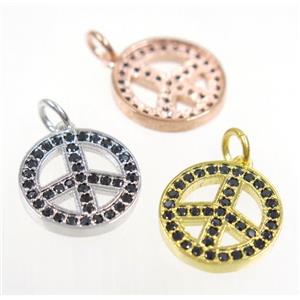 copper Peace Sign pendant paved zircon, mix color, approx 14mm dia