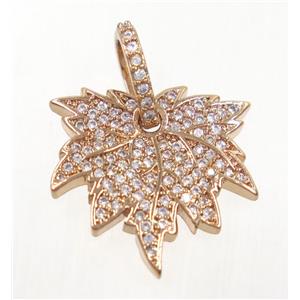 copper Maple Leaf pendant paved zircon, rose gold, approx 18-19mm
