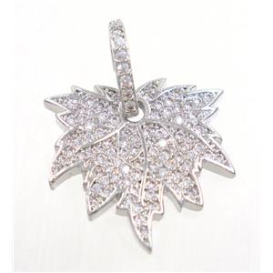 copper Maple Leaf pendant paved zircon, platinum plated, approx 18-19mm