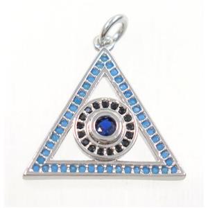 copper Triangle pendant paved zircon with evil eye, platinum plated, approx 17-20mm