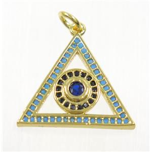 copper Triangle pendant paved zircon with evil eye, gold plated, approx 17-20mm