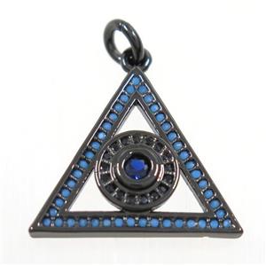 copper Triangle pendant paved zircon with evil eye, black plated, approx 17-20mm