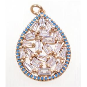 copper teardrop pendant paved zircon, rose gold, approx 19x26mm