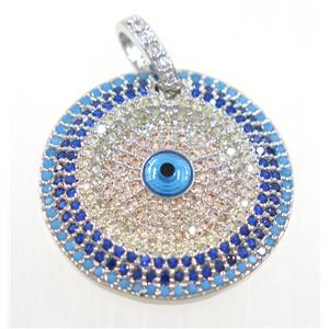 copper circle pendant paved zircon with evil eye, platinum plated, approx 25mm dia
