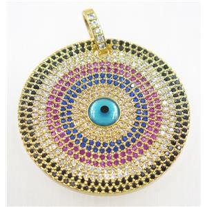 copper circle pendant paved zircon with evil eye, gold plated, approx 33mm dia