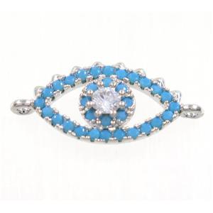 copper Evil Eye connector paved zircon, platinum plated, turq, approx 9-14mm