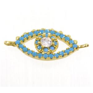 copper Evil Eye connector paved zircon, gold plated, turq, approx 9-14mm