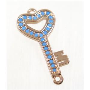 copper key connector paved zircon, rose gold, turq, approx 11-19mm