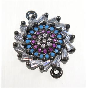copper sunflower connector paved zircon, black plated, approx 14mm dia