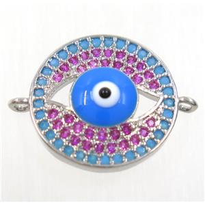copper evil eye connector paved zircon, platinum plated, approx 15mm dia