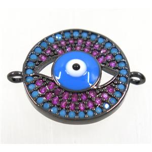 copper evil eye connector paved zircon, black plated, approx 15mm dia