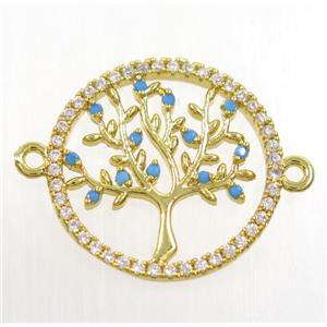 tree of life connector paved zircon, copper, gold plated, approx 20mm dia