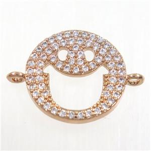 copper emoji face connector paved zircon, rose gold, approx 15mm dia