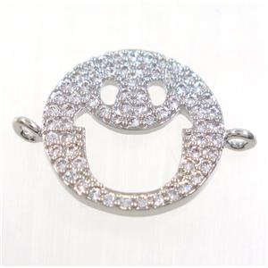 copper emoji face connector paved zircon, platinum plated, approx 15mm dia