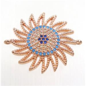 copper sunflower connector paved zircon, rose plated, approx 22mm dia