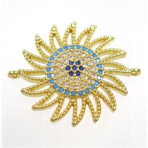 copper sunflower connector paved zircon, gold plated, approx 22mm dia