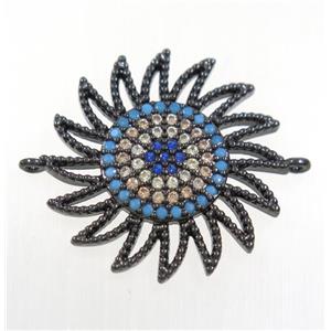 copper sunflower connector paved zircon, black plated, approx 22mm dia