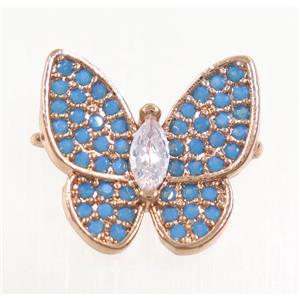 copper butterfly connector paved zircon, turq, rose gold, approx 13-14mm