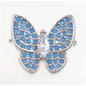 copper butterfly connector paved zircon, turq, platinum plated, approx 13-14mm
