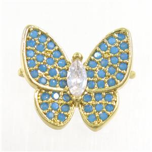 copper butterfly connector paved zircon, turq, gold plated, approx 13-14mm
