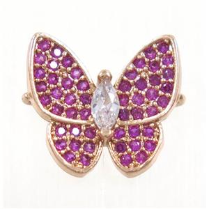 copper butterfly connector paved hotpink zircon, rose gold, approx 13-14mm